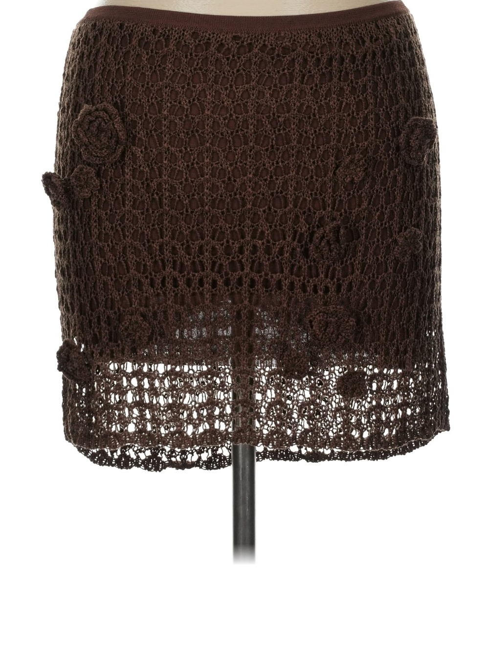 LOBA Sandia Rosette Skirt Brown Crochet Floral-Appliqué Mini Skirt Large